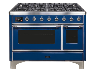 48" ILVE Majestic II Dual Fuel Range with Chrome Trim in Blue - UM12FDNS3MBC-LP