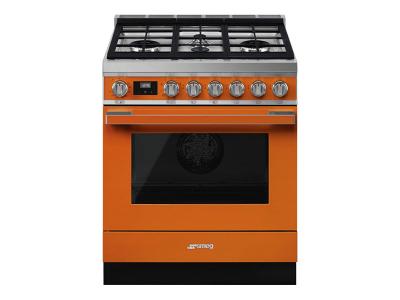 30" SMEG Cooker Portofino Freestanding Dual Fuel Range with 4 Burner in Orange - CPF30UGMOR