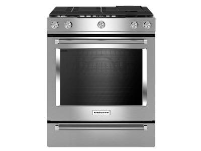 30" KitchenAid 6.5 Cu. Ft. 5 Burner Front Control Gas Convection Range With Baking Drawer - KSGB900ESS