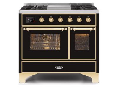 40" ILVE Majestic II Dual Fuel Range with Brass Trim in Gloss Black - UMD10FDNS3BKG-LP