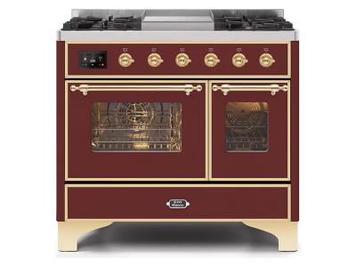 40" ILVE Majestic II Dual Fuel Range with Brass Trim in Burgundy - UMD10FDNS3BUG-LP