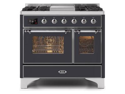 40" ILVE Majestic II Dual Fuel Range with Chrome Trim in Matte Graphite - UMD10FDNS3MGC-LP