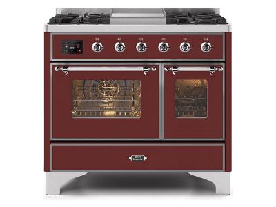 40" ILVE Majestic II Dual Fuel Range with Chrome Trim in Burgundy - UMD10FDNS3BUC-NG