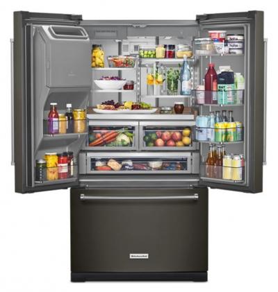 36" KitchenAid 26.8 Cu. Ft. Standard-Depth French Door Refrigerator in Black Stainless Steel - KRFF577KBS