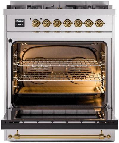 30" ILVE Nostalgie II Dual Fuel Freestanding Range in Stainless Steel with Brass Trim - UP30NMP/SSG LP