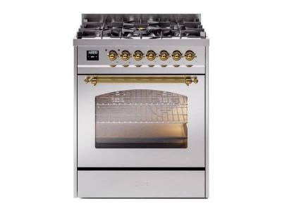 30" ILVE Nostalgie II Dual Fuel Freestanding Range in Stainless Steel with Brass Trim - UP30NMP/SSG LP