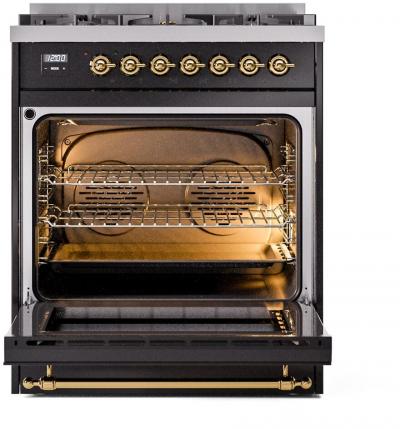 30" ILVE Nostalgie II Dual Fuel Freestanding Range in Gloss Black with Brass Trim - UP30NMP/BKG LP