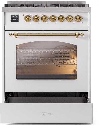 30" ILVE Nostalgie II Dual Fuel Freestanding Range in White with Brass Trim - UP30NMP/WHG LP