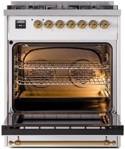 30" ILVE Nostalgie II Dual Fuel Freestanding Range in White with Brass Trim - UP30NMP/WHG LP