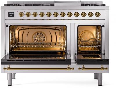 48" ILVE Nostalgie II Dual Fuel Liquid Propane Freestanding Range in Stainless Steel with Brass Trim - UP48FNMP/SSG LP