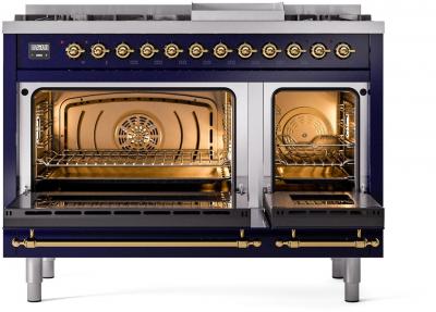 48" ILVE Nostalgie II Dual Fuel Liquid Propane Freestanding Range in Blue with Brass Trim - UP48FNMP/MBG LP