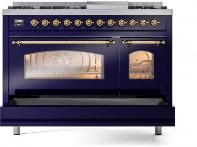 48" ILVE Nostalgie II Dual Fuel Liquid Propane Freestanding Range in Blue with Brass Trim - UP48FNMP/MBG LP