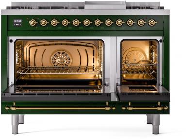 48" ILVE Nostalgie II Dual Fuel Liquid Propane Freestanding Range in Emerald Green with Brass Trim - UP48FNMP/EGG LP