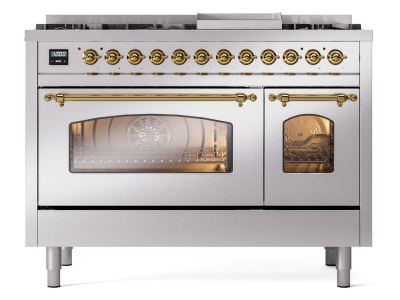 48" ILVE Nostalgie II Dual Fuel Natural Gas Freestanding Range in Stainless Steel with Brass Trim - UP48FNMP/SSG NG