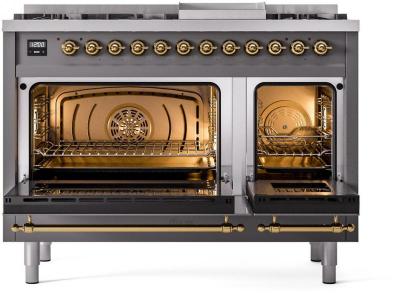 48" ILVE Nostalgie II Dual Fuel Natural Gas Freestanding Range in Matte Graphite with Brass Trim - UP48FNMP/MGG NG