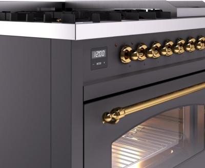 48" ILVE Nostalgie II Dual Fuel Natural Gas Freestanding Range in Matte Graphite with Brass Trim - UP48FNMP/MGG NG