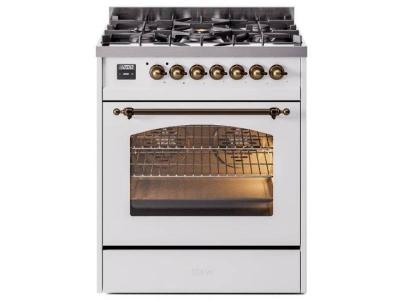 30" ILVE Nostalgie II Dual Fuel Natural Gas Freestanding Range in White with Bronze Trim - UP30NMP/WHB NG