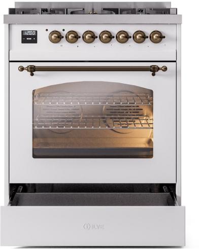 30" ILVE Nostalgie II Dual Fuel Natural Gas Freestanding Range in White with Bronze Trim - UP30NMP/WHB NG