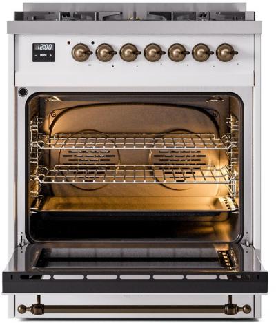 30" ILVE Nostalgie II Dual Fuel Natural Gas Freestanding Range in White with Bronze Trim - UP30NMP/WHB NG