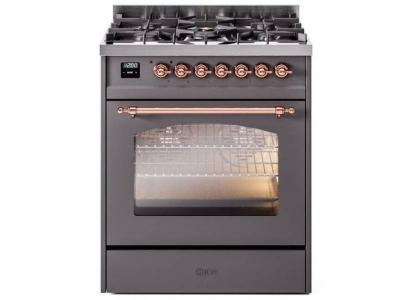 30" ILVE Nostalgie II Dual Fuel Natural Gas Freestanding Range in Matte Graphite with Copper Trim - UP30NMP/MGP NG