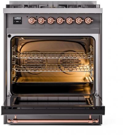 30" ILVE Nostalgie II Dual Fuel Natural Gas Freestanding Range in Matte Graphite with Copper Trim - UP30NMP/MGP NG