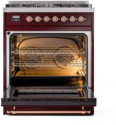 30" ILVE Nostalgie II Dual Fuel Natural Gas Freestanding Range in Burgundy with Copper Trim - UP30NMP/BUP NG