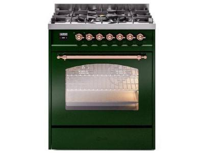 30" ILVE Nostalgie II Dual Fuel Natural Gas Freestanding Range in Emerald Green with Copper Trim - UP30NMP/EGP NG