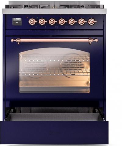 30" ILVE Nostalgie II Dual Fuel Natural Gas Freestanding Range in Blue with Copper Trim - UP30NMP/MBP NG