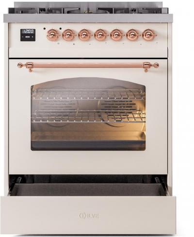 30" ILVE Nostalgie II Dual Fuel Natural Gas Freestanding Range in Antique White with Copper Trim - UP30NMP/AWP NG