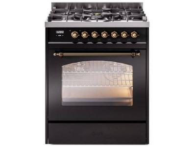 30" ILVE Nostalgie II Dual Fuel Natural Gas Freestanding Range in Glossy Black with Bronze Trim - UP30NMP/BKB NG