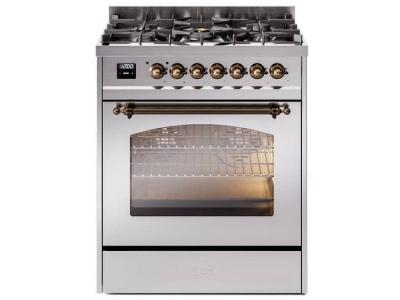 30" ILVE Nostalgie II Dual Fuel Natural Gas Freestanding Range in Stainless Steel with Bronze Trim - UP30NMP/SSB NG