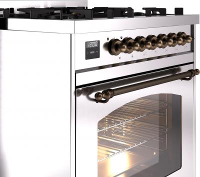 30" ILVE Nostalgie II Dual Fuel Natural Gas Freestanding Range in Stainless Steel with Bronze Trim - UP30NMP/SSB NG