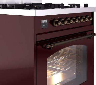 30" ILVE Nostalgie II Dual Fuel Liquid Propane Freestanding Range in Burgundy with Bronze Trim - UP30NMP/BUB LP