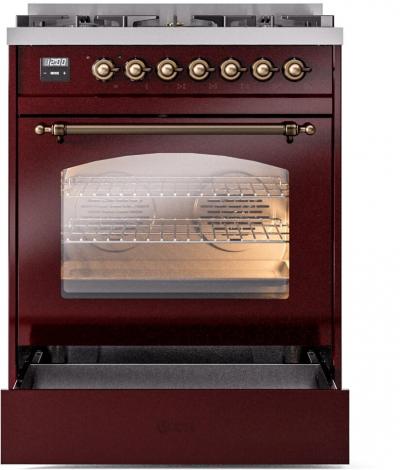 30" ILVE Nostalgie II Dual Fuel Liquid Propane Freestanding Range in Burgundy with Bronze Trim - UP30NMP/BUB LP