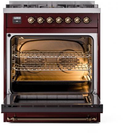 30" ILVE Nostalgie II Dual Fuel Liquid Propane Freestanding Range in Burgundy with Bronze Trim - UP30NMP/BUB LP