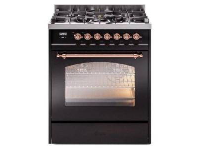 30" ILVE Nostalgie II Dual Fuel Natural Gas Freestanding Range in Glossy Black with Copper Trim - UP30NMP/BKP NG