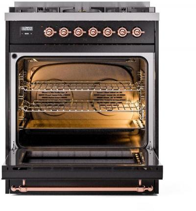 30" ILVE Nostalgie II Dual Fuel Natural Gas Freestanding Range in Glossy Black with Copper Trim - UP30NMP/BKP NG