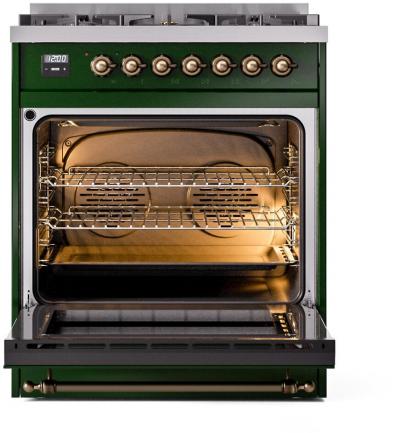 30" ILVE Nostalgie II Dual Fuel Liquid Propane Freestanding Range in Emerald Green with Bronze Trim - UP30NMP/EGB LP