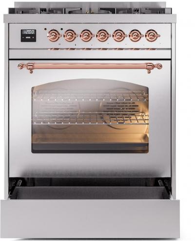 30" ILVE Nostalgie II Dual Fuel Natural Gas Freestanding Range in Stainless Steel with Copper Trim - UP30NMP/SSP NG