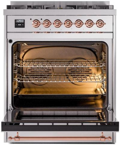 30" ILVE Nostalgie II Dual Fuel Natural Gas Freestanding Range in Stainless Steel with Copper Trim - UP30NMP/SSP NG