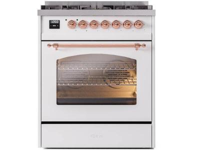 30" ILVE Nostalgie II Dual Fuel Natural Gas Freestanding Range in White with Copper Trim - UP30NMP/WHP NG