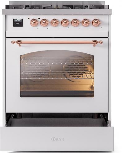 30" ILVE Nostalgie II Dual Fuel Natural Gas Freestanding Range in White with Copper Trim - UP30NMP/WHP NG