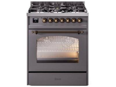 30" ILVE Nostalgie II Dual Fuel Liquid Propane Freestanding Range in Matte Graphite with Bronze Trim - UP30NMP/MGB LP