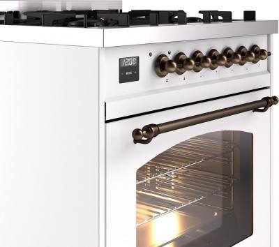 30" ILVE Nostalgie II Dual Fuel Liquid Propane Freestanding Range in White with Bronze Trim - UP30NMP/WHB LP