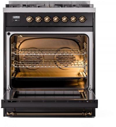 30" ILVE Nostalgie II Dual Fuel Liquid Propane Freestanding Range in Glossy Black with Bronze Trim - UP30NMP/BKB LP