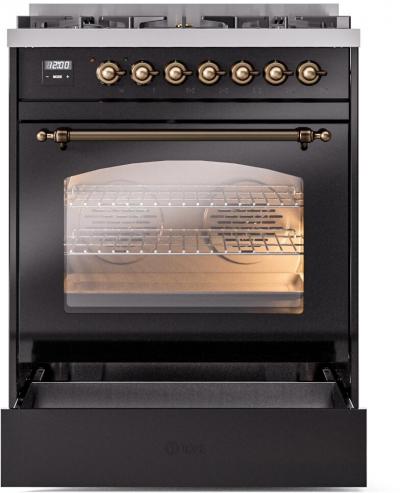 30" ILVE Nostalgie II Dual Fuel Liquid Propane Freestanding Range in Glossy Black with Bronze Trim - UP30NMP/BKB LP