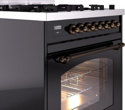 30" ILVE Nostalgie II Dual Fuel Liquid Propane Freestanding Range in Glossy Black with Bronze Trim - UP30NMP/BKB LP