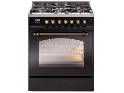 30" ILVE Nostalgie II Dual Fuel Liquid Propane Freestanding Range in Glossy Black with Bronze Trim - UP30NMP/BKB LP