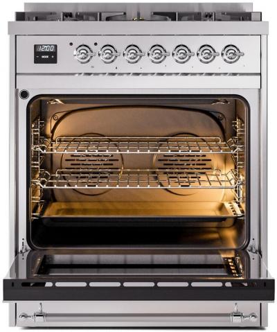 30" ILVE Nostalgie II Dual Fuel Liquid Propane Freestanding Range in Stainless Steel with Chrome Trim - UP30NMP/SSC LP