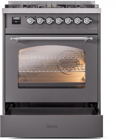 30" ILVE Nostalgie II Dual Fuel Liquid Propane Freestanding Range in  Matte Graphite with Chrome Trim - UP30NMP/MGC LP